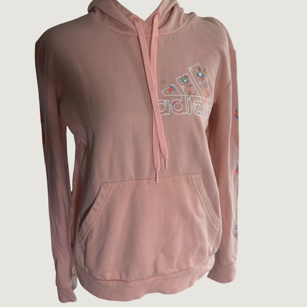 Adidas Womens Floral Rose Logo Pullover Hoodie Peach Pink Sweatshirt